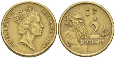 АВСТРАЛИЯ 2 ДОЛЛАРА 1989 АБОРИГЕН, ЕЛИЗАВЕТА II, ВТОРОЙ ПОРТРЕТ В КОРОНЕ KM 101 алюминиевая бронза 4395-1133