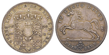 Брауншвейг-Каленберг-Ганновер 2/3 талера 1699 HB, Георг I (1698-1727), из коллекции Ричарда Б. Смита Davenport 418, KM 17, Welter 2153 серебро 00-821-14