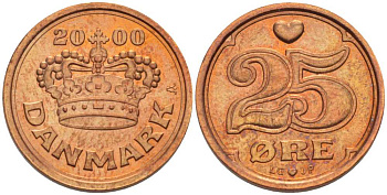 ДАНИЯ 25 ЭРЕ 2000 LG; JP; А, МАРГРЕТЕ II (1972-) KM 868,1 бронза 201-1239