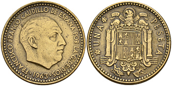Испания 1 песета 1963 (63) Франсиско Франко (1939-1975) KM 775 алюминиевая бронза    4153-156