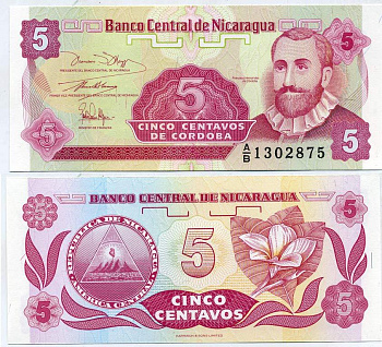 НИКАРАГУА 5 СЕНТАВО 1991 ФРАНСИСКО ЭРНАНДЕС де КОРДОБА Pick 168a бумага UNC (ПРЕСС) 7523-2-3-2