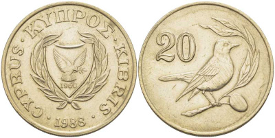 КИПР 20 ЦЕНТОВ 1988 ПТИЧКА KM 57.2 никель латунь 175-747