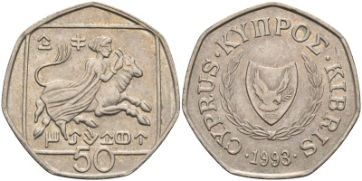 Кипр 50 центов 1993 похищение Европы KM 66 медно-никель 4141-1232