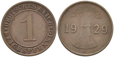 ГЕРМАНИЯ 1 РЕЙХСПФЕННИГ 1929 A KM 37, J. 313, Weege 2 бронза 211-117