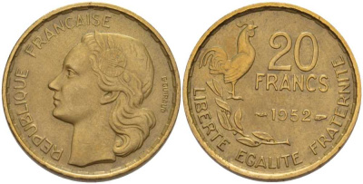 ФРАНЦИЯ 20 ФРАНКОВ 1952 ПЕТУХ, 4 ПЕРА В ХВОСТЕ KM 917.1, LE FRANC 402.9 алюминиевая бронза 117-914