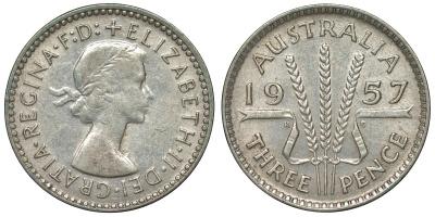 Австралия 3 пенса 1957 m, Елизавета II (1952-2022) KM 57 серебро 71-541