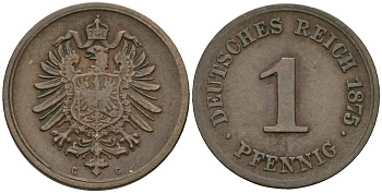 Германия 1 пфенниг 1875 С, Вильгельм I (1871-1888) KM 1, J. 1 медь 4547-228