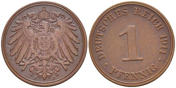 ГЕРМАНИЯ 1 ПФЕННИГ 1911 D KM 10, J. 10, Weege 2 медь 211-441