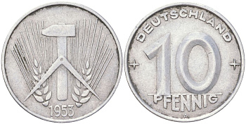 ГДР 10 пфеннигов 1953 A KM 7 алюминий 4613-949