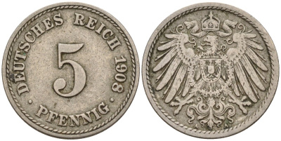 Германия 5 пфеннигов 1908 F KM 11, Jager 12, Weege 6 медно-никель 4151-469