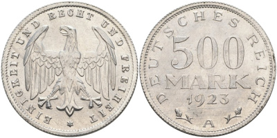 Германия 500 марок 1923 А KM 36, J.305 алюминий UNC 4574-834