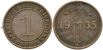 Германия 1 рейхспфенниг 1935 A KM 37, J. 313 бронза 4189-1257
