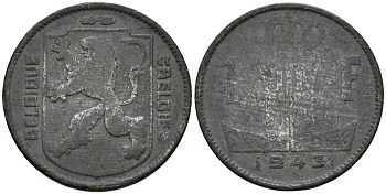 Бельгия 1 франк 1942 Belgique - Belgie KM 127 цинк 65-931