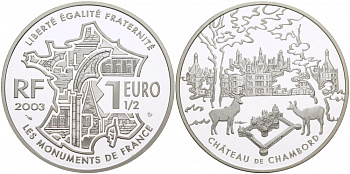 Франция 1 1/2 евро 2003 серия архитектура Франции, замок Шамбор KM 1355 серебро PROOF 02-224-14