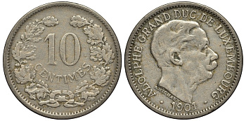 ЛЮКСЕМБУРГ 10 САНТИМОВ 1901 ВЕЛИКИЙ ГЕРЦОГ АДОЛЬФ (1890-1905) КМ 25 медно-никель 4538-711