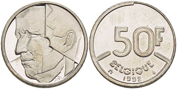 БЕЛЬГИЯ 50 ФРАНКОВ 1992 BELGIQUE, БОДУЭН I (1951-1993) KM 168 никель 210-954