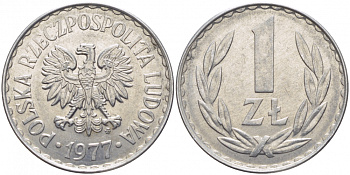 ПОЛЬША 1 ЗЛОТЫЙ 1977 MW KM 49.1 алюминий UNC 175-1152