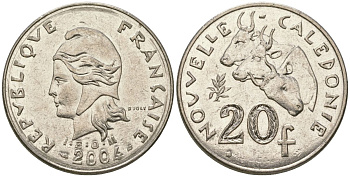 Французская Новая Каледония 20 франков 2004 три быка, (IEOM) KM 12, Schoen 14, Lec 115h никель 81-621