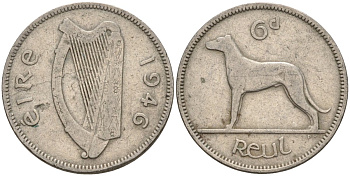 Ирландия 6 пенсов 1946 ирландский волкодав KM 13a медно-никель 4146-435