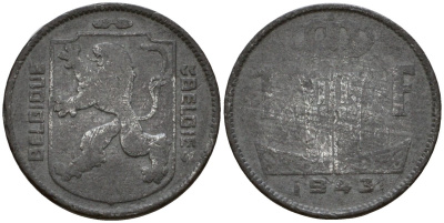 Бельгия 1 франк 1942 Belgique - Belgie KM 127 цинк 65-931