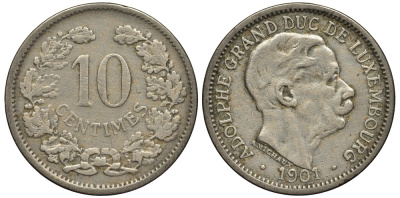 ЛЮКСЕМБУРГ 10 САНТИМОВ 1901 ВЕЛИКИЙ ГЕРЦОГ АДОЛЬФ (1890-1905) КМ 25 медно-никель 4538-711