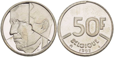 БЕЛЬГИЯ 50 ФРАНКОВ 1992 BELGIQUE, БОДУЭН I (1951-1993) KM 168 никель 210-954