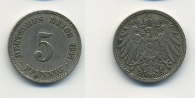 Германия 5 пфеннигов 1911 J KM 11, Jager 12, Weege 6 медно-никель 23-1414