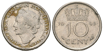 Нидерланды 10 центов 1948 Вильгельмина (1895-1948) KM 177 никель 4173-112