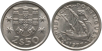 ПОРТУГАЛИЯ 2,5 ЭСКУДО 1977 ПАРУСНИК KM 590 медно-никель UNC 181-336