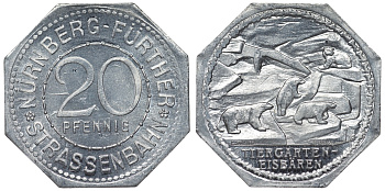 Германия, Нюрнберг - Фюрт 20 пфеннигов ND трамвайный жетон, зоопарк, белые медведи алюминий UNC 4119-631