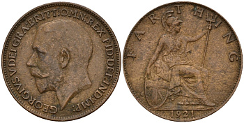 Великобритания 1 фартинг 1921 Георг V (1910-1936), светлая отделка KM 808.2, Spink 4060 бронза 4158-519