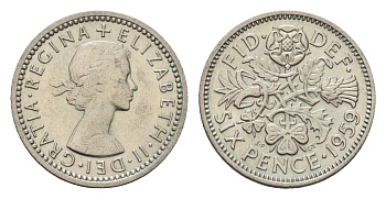 Великобритания 6 пенсов 1959 Елизавета II (1952-2022) KM 903, Spink 4149 медно-никель 4651-1158