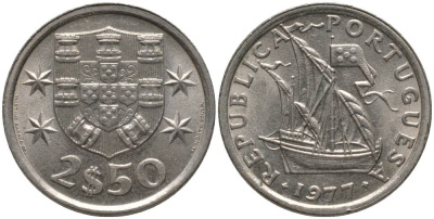 ПОРТУГАЛИЯ 2,5 ЭСКУДО 1977 ПАРУСНИК KM 590 медно-никель UNC 181-336