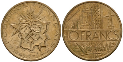 Франция 10 франков 1978 тип Матье KM 940, Le Franc 365.11-12 никель латунь 4601-415