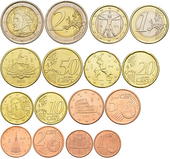 Италия евронабор из 8 монет 2012 1, 2, 5, 10, 20, 50 евроцентов, 1 и 2 евро KM 210, 211, 212, 247, 248, 249, 250, 251 UNC 181-1241