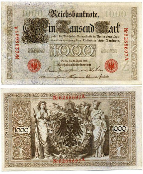 ГЕРМАНИЯ 1000 МАРОК 1910 21 АПРЕЛЯ 1910, КРАСНАЯ ПЕЧАТЬ, 7 ЦИФР В НОМЕРЕ Pick 44b бумага 6262-40-1-2