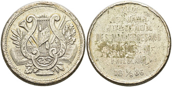 Германия медаль 1886 40 ЛЕТ КОНКУРСУ ПЕВЦОВ В ФРИДЛЭНДЕ, диаметр 27 мм. белый металл 91-522