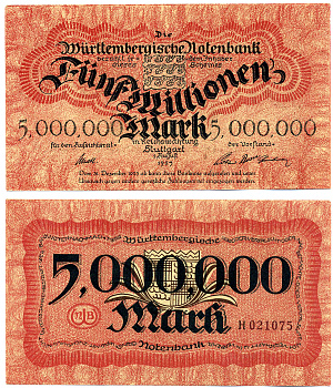 ШТУТГАРТ 5000000 МАРОК (5 МИЛЛИОНОВ) 1923 1 АВГУСТА 1923, НОТГЕЛЬД, WURTEMBERGISCHE NOTENBANC, БЕЗ ПЕРЕГИБОВ, СЕРИЯ Н, ЗЕМЛЯ БАДЕН-ВЮРТЕМБЕРГ Keller 4930е бумага 2193-9-2-2