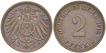Германия 2 пфеннига 1912 A KM 16, J. 11, Weege 4 медь 206-622