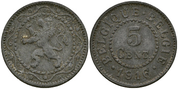 Бельгия 5 сантимов 1916 Belgie KM 80 цинк 4136-523