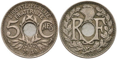 Франция 5 сантимов 1930 KM 875 медно-никель 4596-615