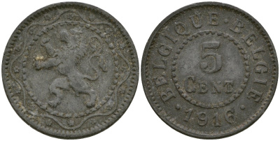 Бельгия 5 сантимов 1916 Belgie KM 80 цинк 4136-523