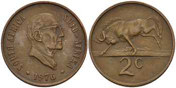 ЮАР 2 ЦЕНТА 1976 ПРЕЗИДЕНТ ЯКОБУС ЙОХАННЕС ФУШЕ, АНТИЛОПА ГНУ KM 92 бронза 67-321