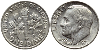 США 10 ЦЕНТОВ = 1 ДАЙМ 1979 РУЗВЕЛЬТ KM 195а медь плакированная медно-никелем 4396-442