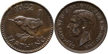 Великобритания 1 фартинг 1942 Георг VI (1936-1952) KM 843, Spink 4116 бронза 4392-451