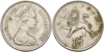 Великобритания 10 пенсов 1968 Елизавета II (1952-2022) KM 912, Spink 4231 (F1) медно-никель 4599-1122