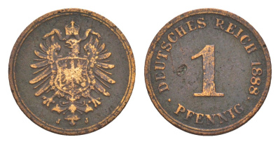 Германия 1 пфенниг 1888 J, Вильгельм I (1871-1888) KM 1, J. 1 медь 4164-226