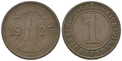 Германия 1 рейхспфенниг 1925 A KM 37, J. 313 бронза 4615-231