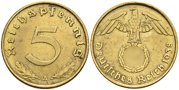 Германия 5 рейхспфеннигов 1938 A KM 91, J. 363 алюминиевая бронза 4151-832