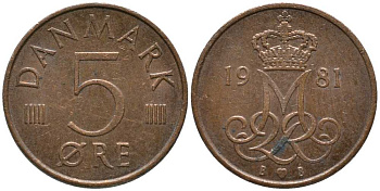 ДАНИЯ 5 ЭРЕ 1981 B; B, МАРГРЕТЕ II (1972-) KM 859.2 железо плакированное медью 116-146